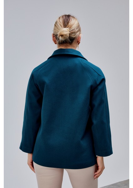 Petrol Mavi Oversize Fermuarlı Kaşe Ceket