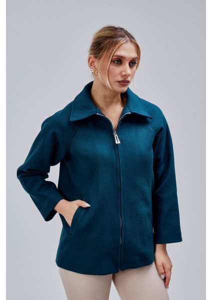 Petrol Mavi Oversize Fermuarlı Kaşe Ceket