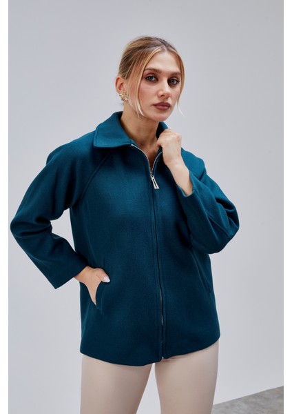 Petrol Mavi Oversize Fermuarlı Kaşe Ceket