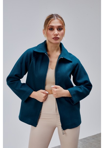 Petrol Mavi Oversize Fermuarlı Kaşe Ceket