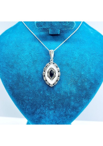 Margazit Oltu Taşı ve Sedef İşçilikli 925 Ayar Gümüş Kolye