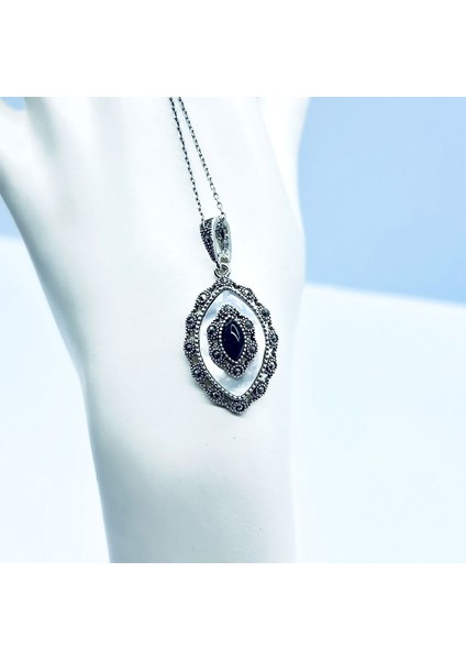 Margazit Oltu Taşı ve Sedef İşçilikli 925 Ayar Gümüş Kolye fırsatları