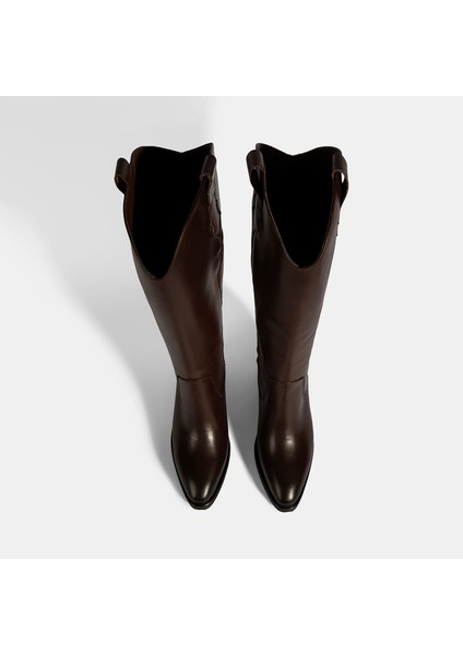 Kadın Kahve Kalın Topuklu Deri Çizme