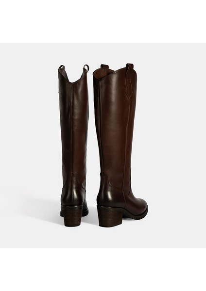 Kadın Kahve Kalın Topuklu Deri Çizme