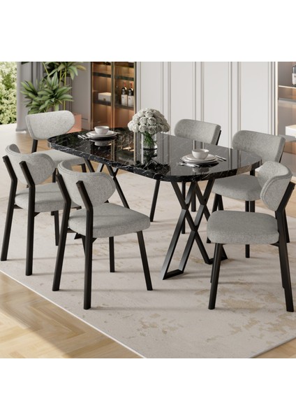 Axton Serisi Sabit Mdf 90X168 Siyah Mermer Desen Mutfak Masa Takımı 6 Sandalye