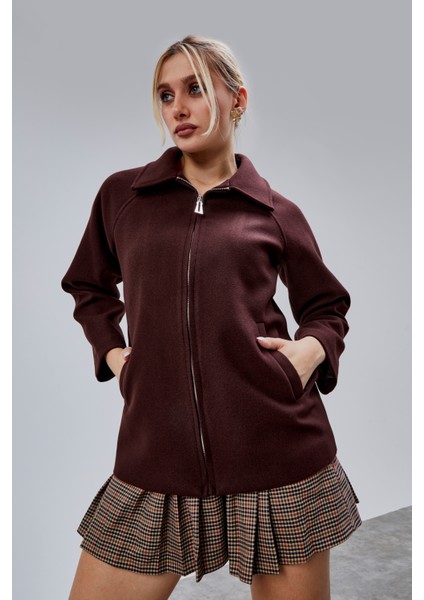 Acı Kahve Oversize Fermuarlı Kaşe Ceket