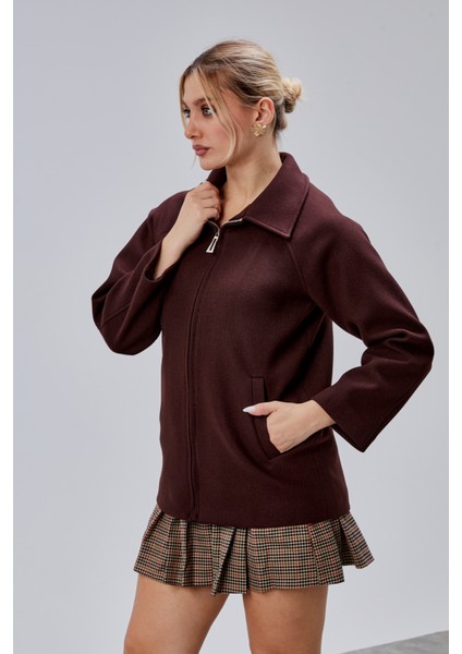 Acı Kahve Oversize Fermuarlı Kaşe Ceket