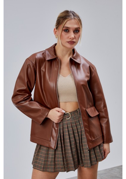 Kahverengi Regular Fit Deri Ceket