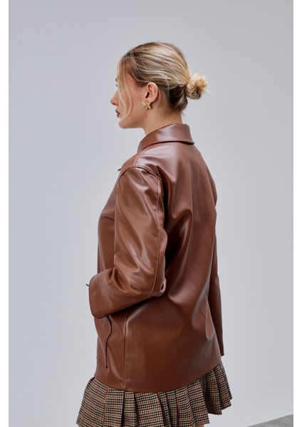 Kahverengi Regular Fit Deri Ceket