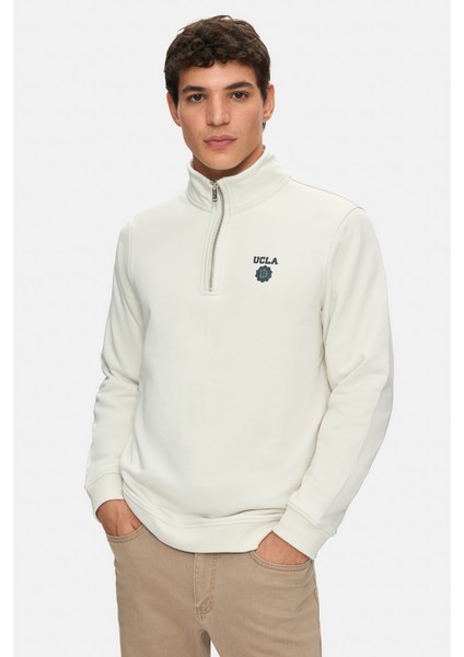 LEON Bej Yarım Fermuar Dik Yaka Nakışlı Standard Fit Erkek Sweatshirt