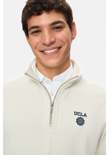 LEON Bej Yarım Fermuar Dik Yaka Nakışlı Standard Fit Erkek Sweatshirt fiyatları