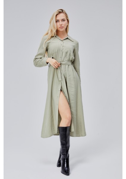 Çağla Yeşili Regular Kemerli Gömlek Elbise