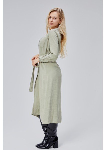 Çağla Yeşili Regular Kemerli Gömlek Elbise