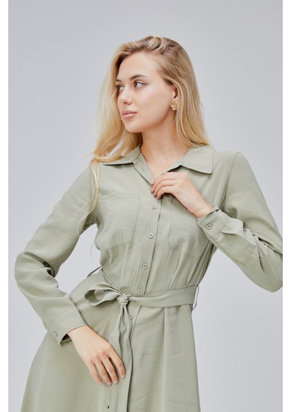 Çağla Yeşili Regular Kemerli Gömlek Elbise