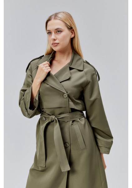 Koyu Haki Kruvaze Kapama Rüzgarlık Detaylı Trençkot