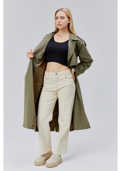 Koyu Haki Kruvaze Kapama Rüzgarlık Detaylı Trençkot