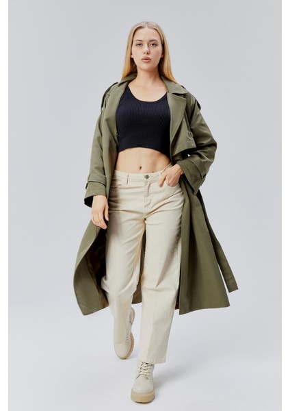 Koyu Haki Kruvaze Kapama Rüzgarlık Detaylı Trençkot