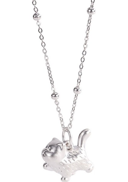 Kadınlar Için 999 Ayar Gümüş Kedi Kolyesi, Sevimli Karikatür 3D Yavru Kedi Gümüş Köprücük Zinciri (Yurt Dışından)