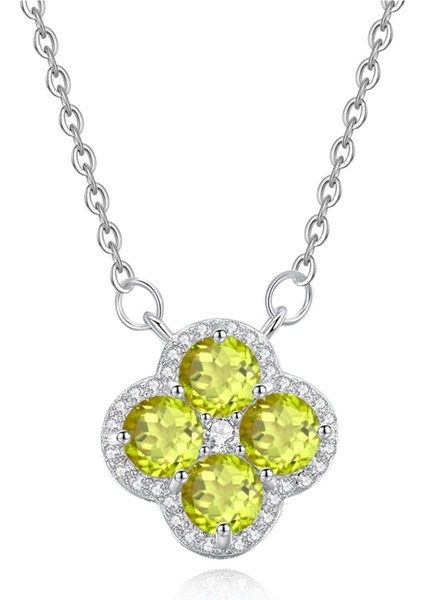 Kadınlar Için S925 Ayar Gümüş Doğal Taşlı Dört Yapraklı Yonca Kolye Köprücük Kemiği Zinciri (Yurt Dışından)