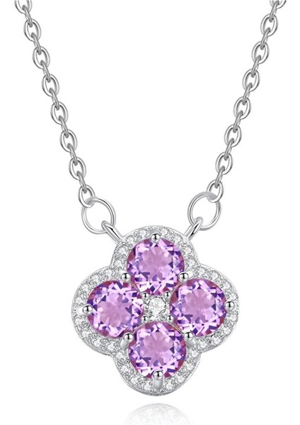 Kadınlar Için S925 Ayar Gümüş Doğal Taşlı Dört Yapraklı Yonca Kolye Köprücük Kemiği Zinciri (Yurt Dışından)