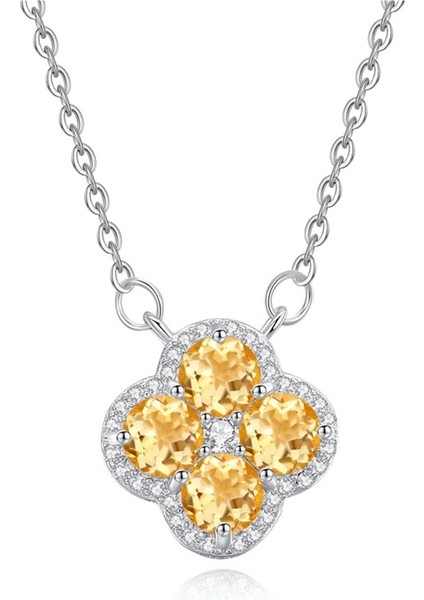 Kadınlar Için S925 Ayar Gümüş Doğal Taşlı Dört Yapraklı Yonca Kolye Köprücük Kemiği Zinciri (Yurt Dışından)