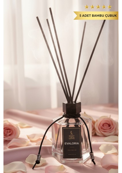 Evaloria Premium Çubuklu Oda Kokusu 120 ml – Uzun Kalıcı Çiçek & Vanilya & Yumuşak Pudra Notaları