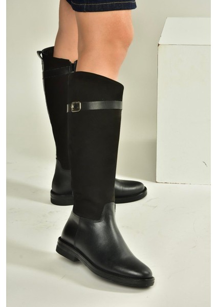 V654002803 Siyah Hakiki Deri Düz Tabanlı Binici Çizmesi fiyatları