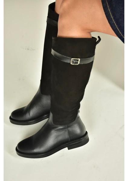 V654002803 Siyah Hakiki Deri Düz Tabanlı Binici Çizmesi fırsatları