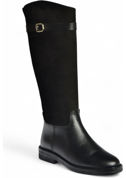 V654002803 Siyah Hakiki Deri Düz Tabanlı Binici Çizmesi indirimleri