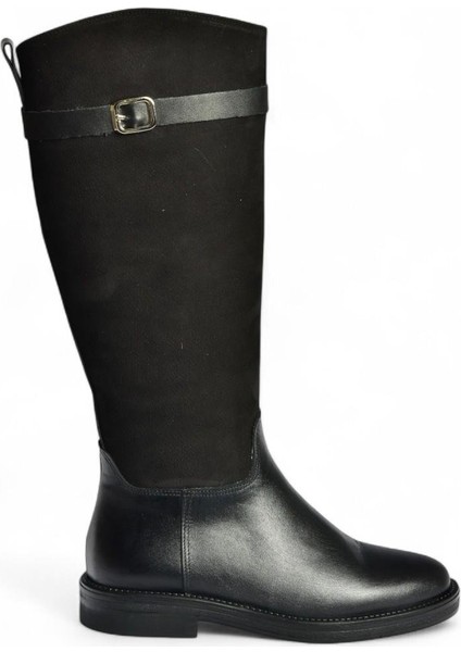 V654002803 Siyah Hakiki Deri Düz Tabanlı Binici Çizmesi