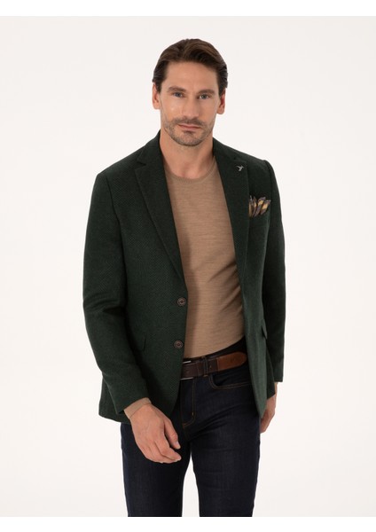 Erkek Haki Slim Fit Yün Karışımlı Mikro Desenli Ceket 50310771-VR027