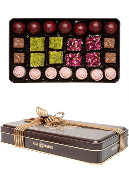 Spesiyal Truff ve Çikolata Çeşitleri, Antep Fıstıklı, Güllü Lokum Nostaljik Metal Kutu 500 gr