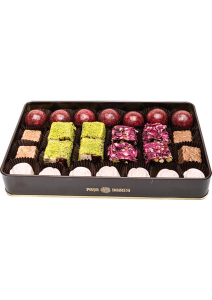 Spesiyal Truff ve Çikolata Çeşitleri, Antep Fıstıklı, Güllü Lokum Nostaljik Metal Kutu 500 gr