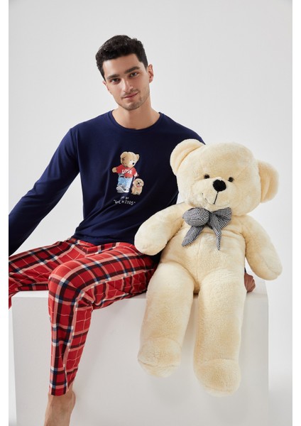 Erkek Yumuşak Dokulu Ayıcık Baskılı Ekose Desenli Pijama Takımı