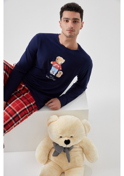 Erkek Yumuşak Dokulu Ayıcık Baskılı Ekose Desenli Pijama Takımı fiyatları