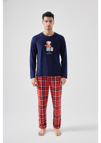 Erkek Yumuşak Dokulu Ayıcık Baskılı Ekose Desenli Pijama Takımı modelleri