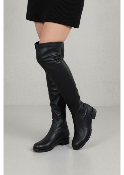 V7266666 Siyah Deri Streç Kadın Çizme