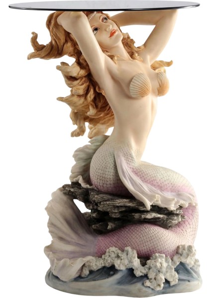 Denizkızı Figürlü Reçine Yuvarlak Cam Sehpa