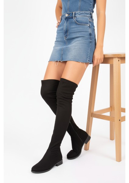 V7266666 Siyah Süet Streç Kadın Çizme