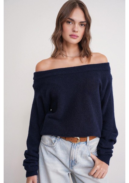 69633 Kadın Kayık Yaka Yün Karışımlı Premium Triko Kazak Lacivert modelleri