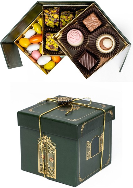 Spesiyal Çikolata, Fıstıklı Fitil Lokum ve Bademli Draje Hediyelik 3 Katlı Kutusuyla