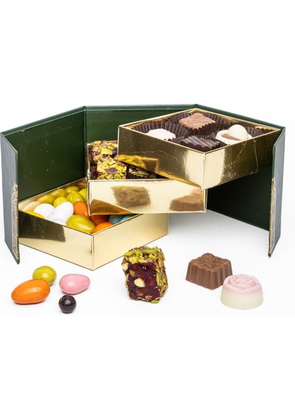 Spesiyal Çikolata, Fıstıklı Fitil Lokum ve Bademli Draje Hediyelik 3 Katlı Kutusuyla fiyatları