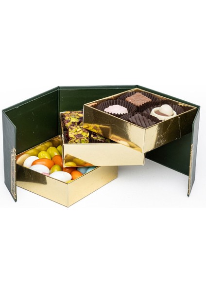 Spesiyal Çikolata, Fıstıklı Fitil Lokum ve Bademli Draje Hediyelik 3 Katlı Kutusuyla indirimleri