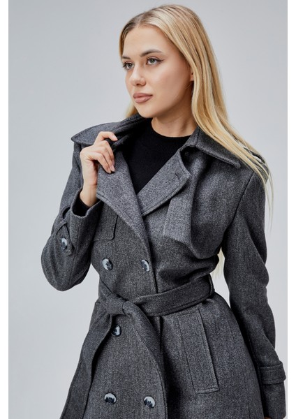 Koyu Gri Regular Rüzgarlık Detaylı Kaşe Kaban