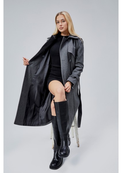 Koyu Gri Regular Rüzgarlık Detaylı Kaşe Kaban