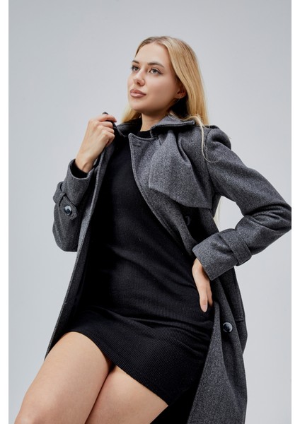 Koyu Gri Regular Rüzgarlık Detaylı Kaşe Kaban