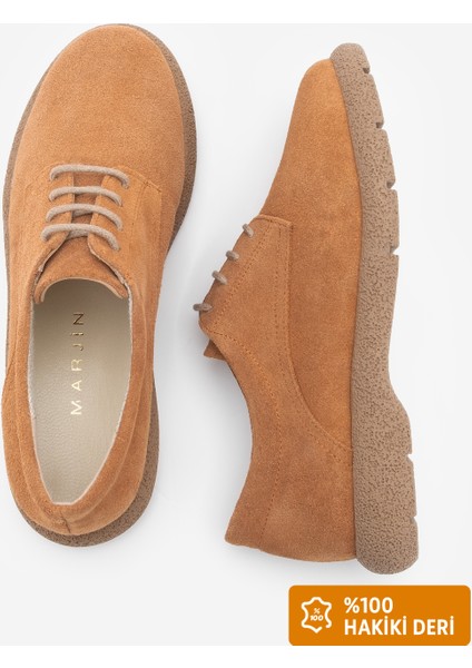 Kadın Deri Oxford Ayakkabı Bağcıklı Günlük Ayakkabı Alyen Taba Süet