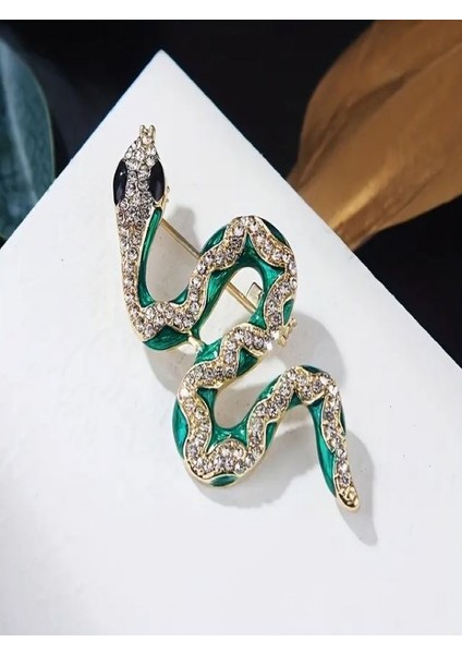 Taşlı Yeşil Yılan Broş