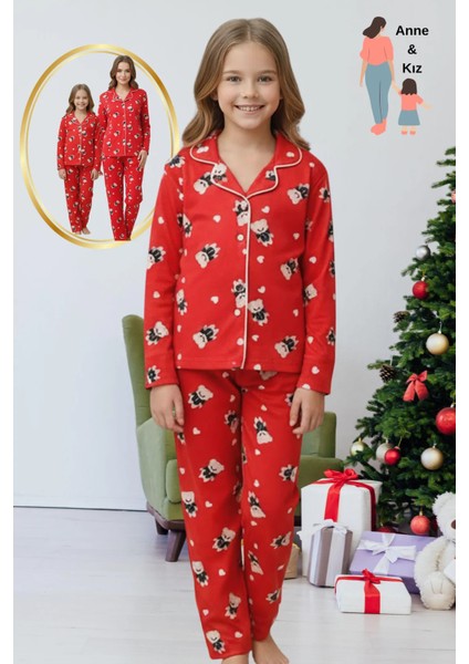 Anne Kız (Ayrı Ayrı Satılır) Kombini Ayıcık Desenli Gömlek Yaka Süet Pijama Takımı Kırmızı