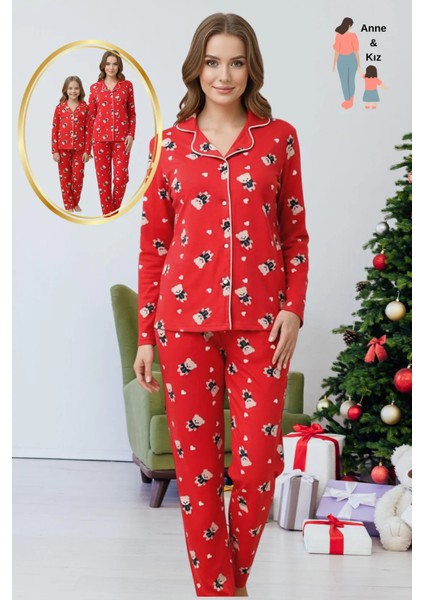 Anne Kız (Ayrı Ayrı Satılır) Kombini Ayıcık Desenli Gömlek Yaka Süet Pijama Takımı Kırmızı fiyatları